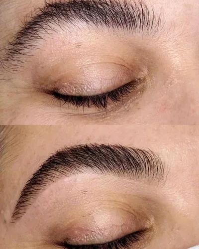A brow before and after: soft natural hairs above, brushed up and defined below