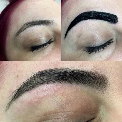 Three stages of a brow tint: the natural brow, the tint applied, and the finished shape
